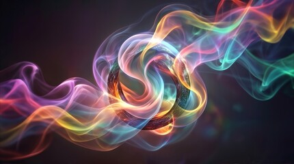 Obraz premium Abstract multicolored smoke plumes intertwining around a textured ring. Vibrant rainbow gas trails flowing through a dark void for creative design projects.