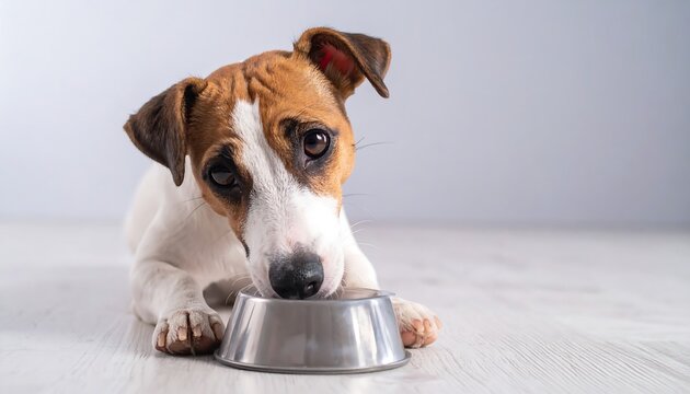 A brown and white dog lying on a light-colored floor with its head in a metal bowl
