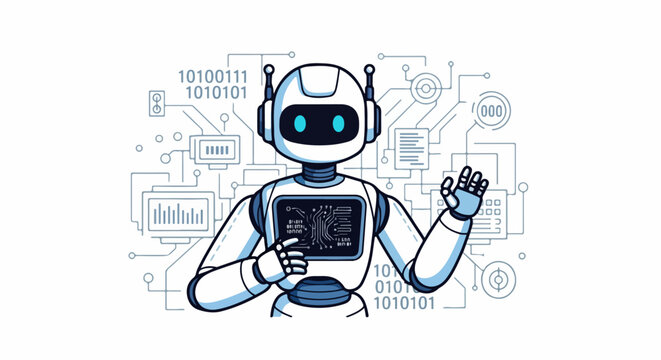 Robot Holding Digital Tablet Waves.