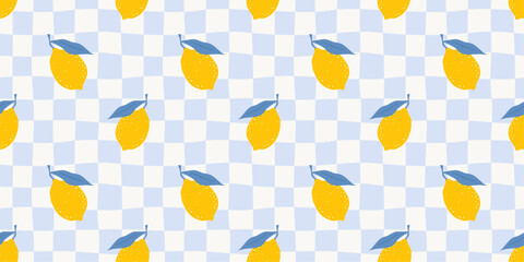 Obraz premium Italian summer seamless pattern with lemons on white and blue wavy checkered background. Trendy cute print for tablecloth textile, picnic blanket and napkin. Vector illustration
