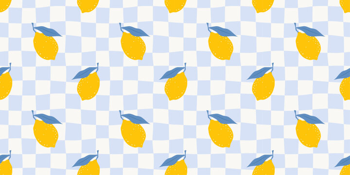 Italian summer seamless pattern with lemons on white and blue wavy checkered background. Trendy cute print for tablecloth textile, picnic blanket and napkin. Vector illustration