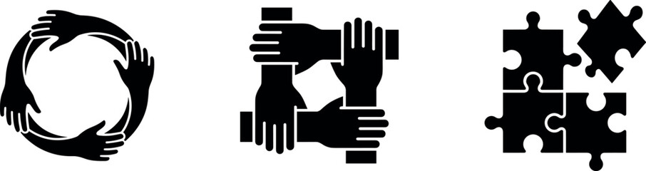 Fototapeta premium Set of teamwork icons showing circle of hands and puzzle pieces for business cooperation.