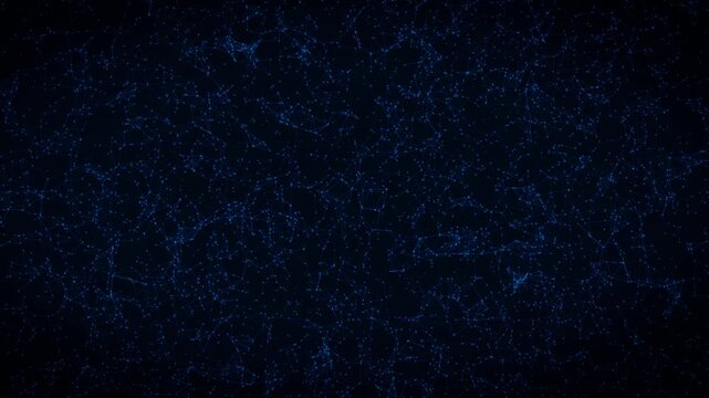 Abstract space-like background with glowing neurons moving in 3D space. Futuristic cosmic neural network animation for science and technology concepts.