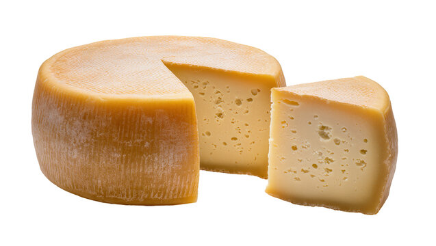 Round cheese wheel with a slice cut out, isolated on transparent background