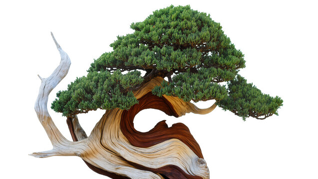 Twisted ancient juniper bonsai tree with green foliage, isolated on transparent background