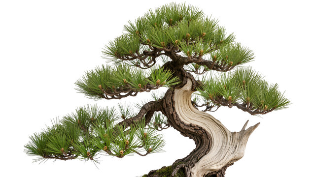 Twisted ancient pine bonsai tree with green needles, isolated on transparent background