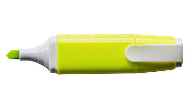 Yellow highlighter pen with white cap and clip, isolated on transparent background