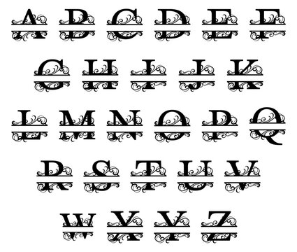 Decorative Floral Split Monogram Alphabet Letters Vector Set