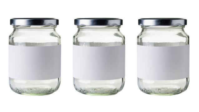 Three clear glass jars with silver lids and blank white labels, isolated on transparent background