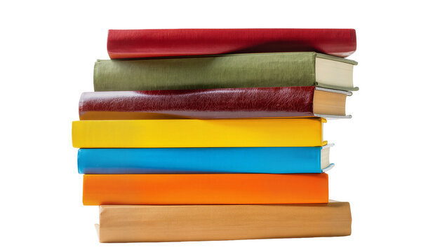 Stack of seven colorful hardcover books, isolated on transparent background
