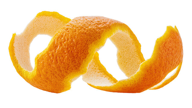 Curled orange peel zest textured and vibrant, isolated on transparent background