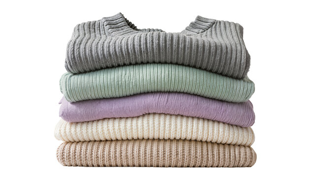 Stack of five ribbed knit sweaters in pastel colors, isolated on transparent background