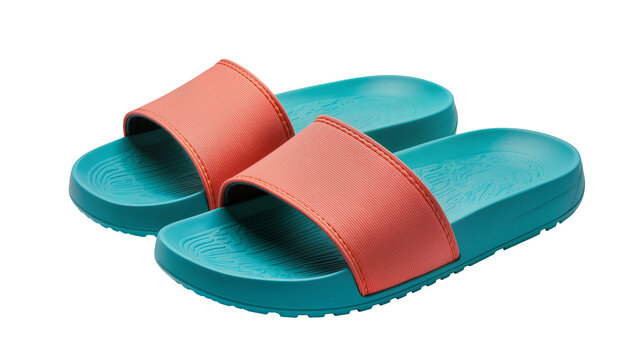 Coral pink slide sandals with teal soles, isolated on transparent background