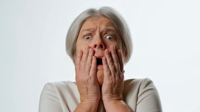 Elderly woman&rsquo;s surprised reaction progression on white background