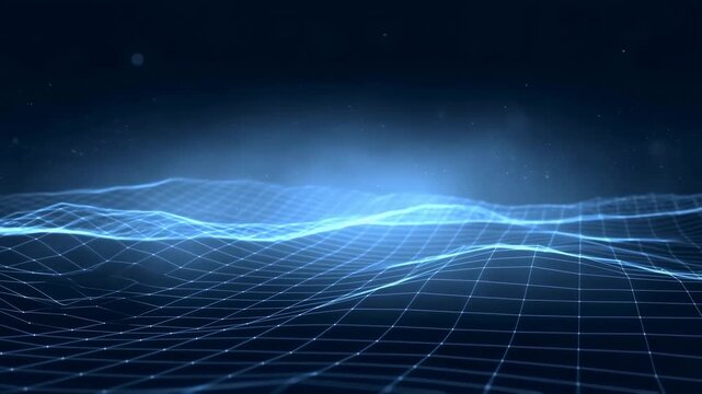 Dynamic flow of digital blue waves across a grid under a starry night sky