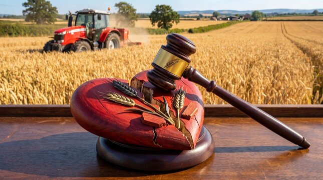 Wooden gavel resting on a heart shape sculpture on a desk in front of a tractor working in a field, agriculture law, legal justice, farming