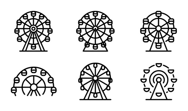 Ferris Wheel Icons Set, Amusement Park Rides, Carnival Entertainment, Vector Graphics Collection