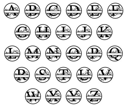 Floral Split Monogram Alphabet in Circle Frame Vector Collection