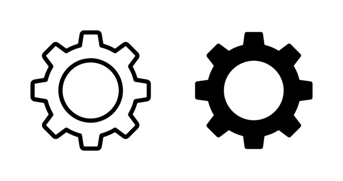 Two Cogwheel Icons, Outline and Solid Black, Mechanical Engineering Symbols, Industry and Technology Concepts