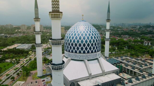Aerial view of Sultan Salahuddin Abdul Aziz Shah Mosque, also known as the Blue Mosque, in Shah Alam, Selangor, Malaysia.