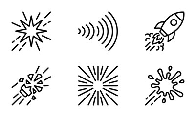 Explosion and Rocket Icons: Dynamic Burst, Sound Waves, Spacecraft Launch, Impact, Starburst, Splash Effects © AminulHaque