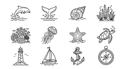 Obraz premium Marine Ocean Life Outline Icon Set with Jellyfish Starfish Seashell Whale Tail and Tent
