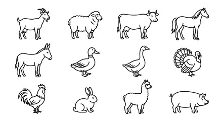 Fototapeta premium Farm Animals and Birds Outline Icon Set with Sheep Cow Duck Goose Rabbit and Llama
