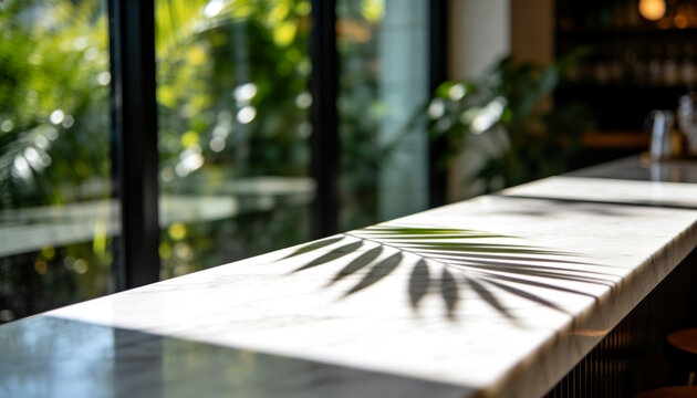 White marble table top closeup mockup with abstract blurred green plants foliage background