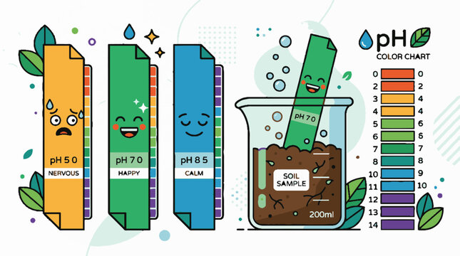 Cute cartoon illustration of pH color chart and soil testing indicators with funny faces.