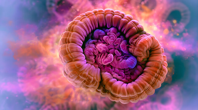 Rectal cancer and stoma. Image of a stoma after rectal removal, showing the large and small intestines, as well as the area of ​​removed rectal tissue.