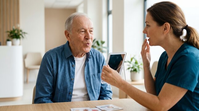 Female speech therapist helping senior man with articulation exercises using mirror and cards. Professional speech pathology session for elderly patient rehabilitation and recovery.