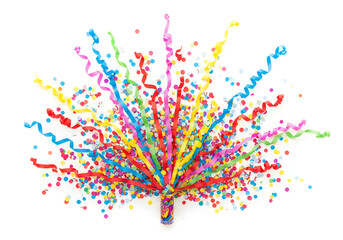 Obraz premium Colorful party popper exploding with confetti and streamers