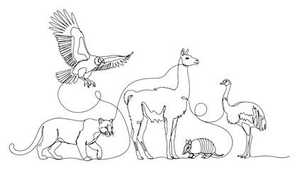 Andean wildlife collection with flying condor llama puma and rhea in minimalist continuous line art style © Aurora