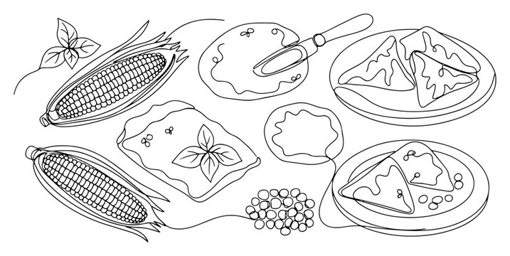 Mexican food ingredients with corn tortillas and nachos in continuous line art style