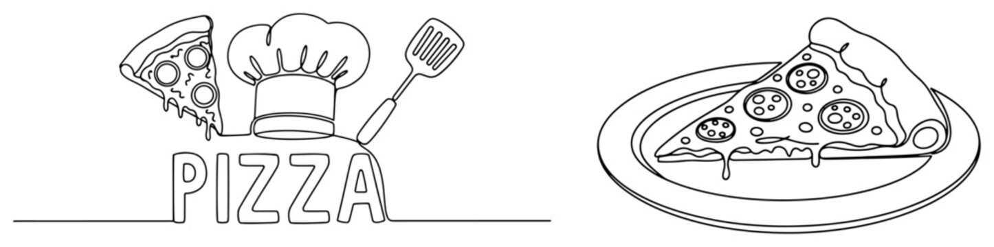 Pizza restaurant logo elements with slice chef hat and plate in minimalist continuous line art style