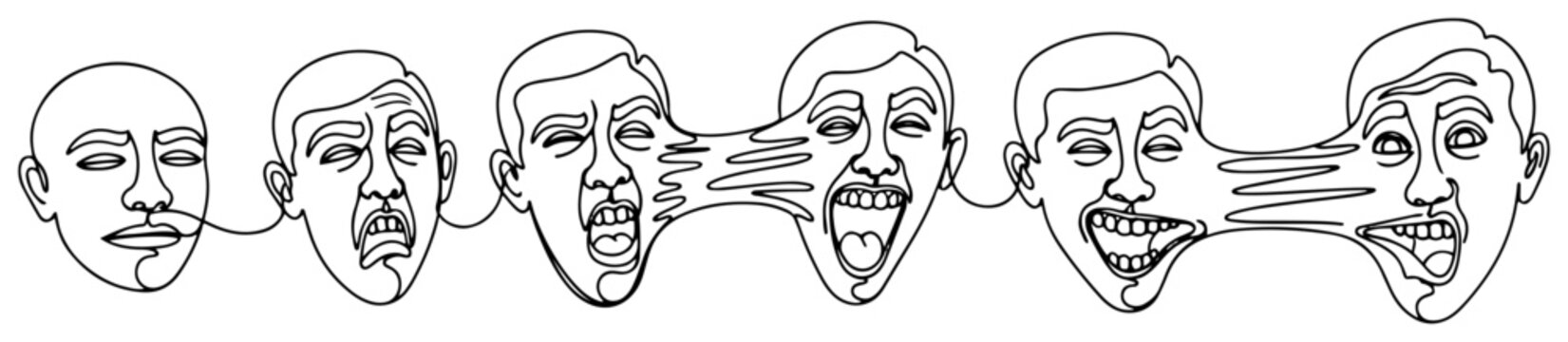Human faces with various emotional expressions in continuous line art style