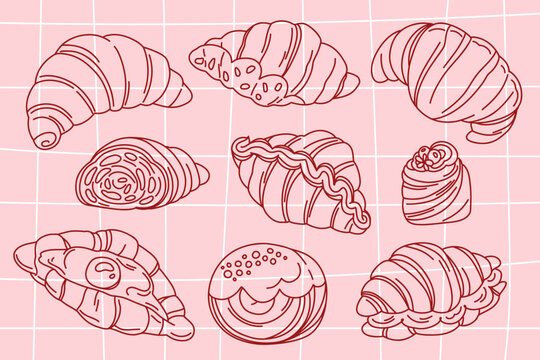 A set of hand-drawn outline croissants on a pink checkered background, cruffin, coin, flat croissant, puff pastry of different shapes and sizes, design set