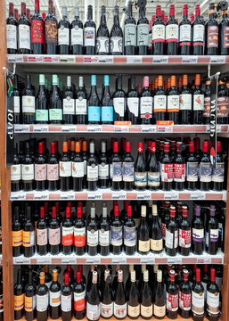 Voronezh, Russia - April 11, 2026.South African wine display in supermarket features brands like Josef and Trivento with flag ribbons in Russia