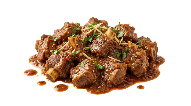Spicy mutton curry with ginger and cilantro, traditional indian lamb masala stew, slow cooked meat in rich brown gravy sauce isolated PNG with Transparent Background