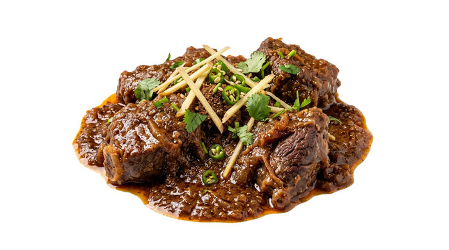 Traditional beef nihari stew with ginger julienne, spicy pakistani slow cooked beef curry, aromatic indian meat gravy with fresh cilantro isolated PNG with Transparent Background