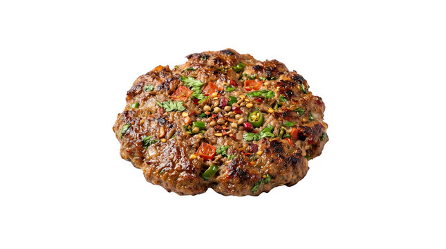 Traditional Chapli Kabab with fresh herbs and spices, grilled minced meat patty with green chili and tomato, authentic Pashtun style beef kebab isolated PNG with Transparent Background