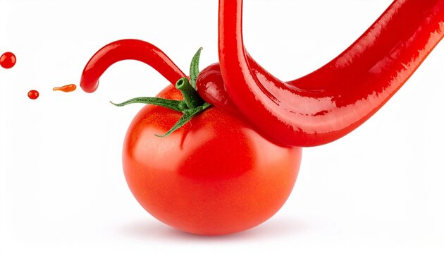A vibrant red tomato is being adorned with a thick stream of ketchup, creating an artistic and appetizing visual