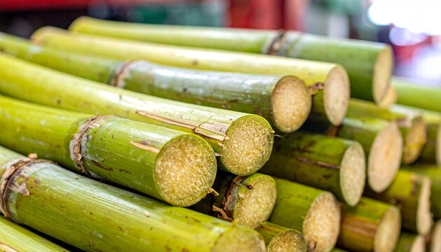 A close-up shot of freshly cut sugarcane stalks, showcasing their vibrant green color and segmented texture, piled up and ready for processing