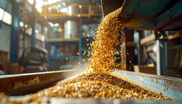 Close-up shot of corn kernels being processed in an industrial setting. The grains are pouring from a chute into a receptacle, highlighting the mechanical process of food production.