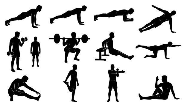 Fitness silhouette vector icon set featuring athletic men exercising doing pushups plank squats lifting weights and stretching 