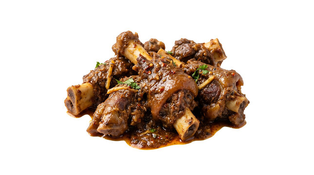 Traditional mutton paya curry with bone marrow, spicy lamb trotters stew with ginger garnish, slow cooked goat leg soup in rich brown gravy isolated PNG with Transparent Background