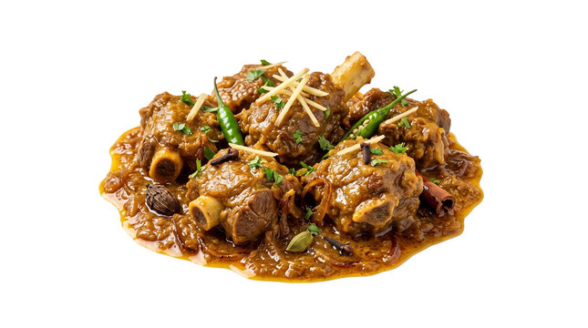 Mutton Kunna traditional Pakistani meat curry, slow cooked lamb stew with ginger and green chili, authentic spicy beef gravy with aromatic spices isolated PNG with Transparent Background
