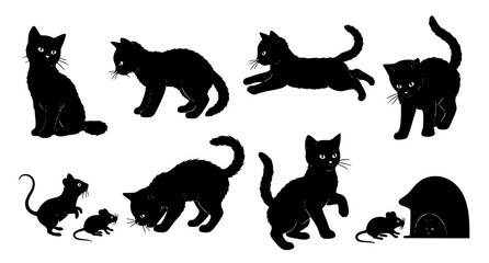 Black cat silhouette vector set featuring kittens playing running crouching hunting mice and standing in various active feline movement positions © Mohammad