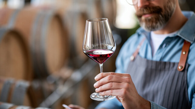 Anonymous vintner and winery staff examining wine quality in a cellar, professional winemaking and quality control concept, faceless, defocused barrel background , with copy space