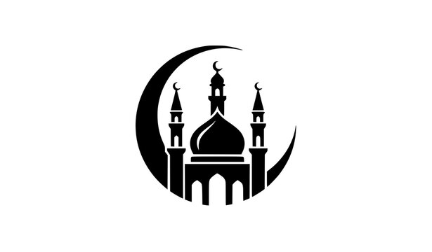 Islamic mosque building silhouette inside big crescent moon circular emblem vector illustration isolated on white